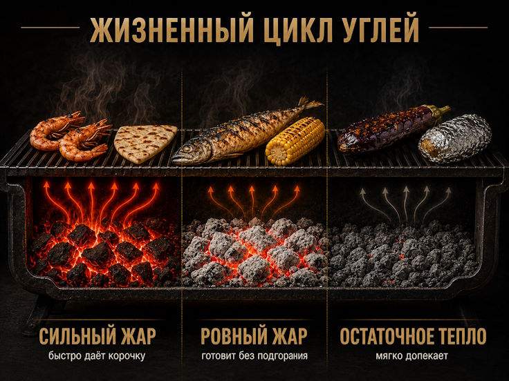 Жизненный цикл углей: сильный жар, ровный жар и остаточное тепло Жизненный цикл углей на мангале: сильный жар, ровный жар и остаточное тепло для разных продуктов