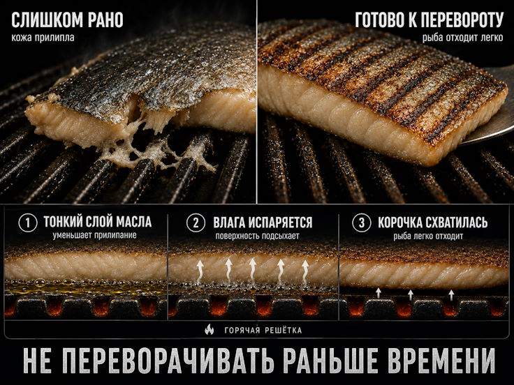 Рыба на гриле: не переворачивать раньше времени Почему рыбу на гриле нельзя переворачивать раньше времени: кожа прилипает, влага испаряется, корочка схватывается