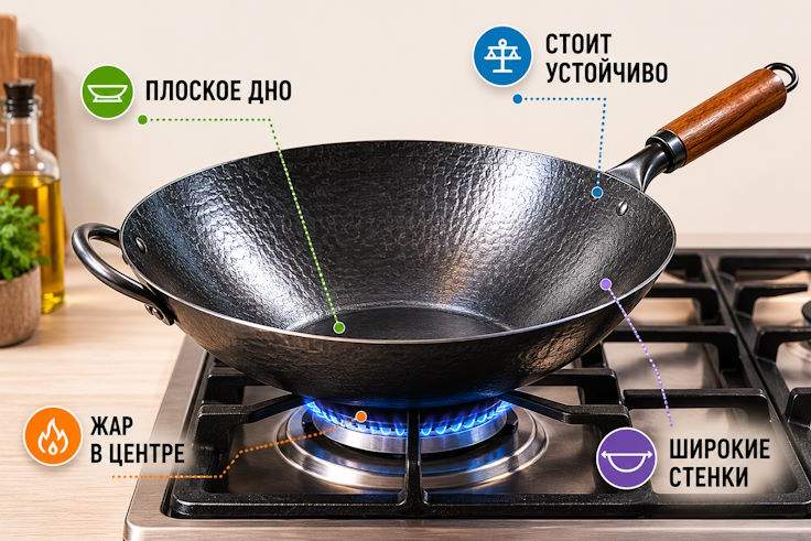 Вок с плоским дном для домашней кухни Стальной вок с плоским дном на домашней газовой плите с синим пламенем