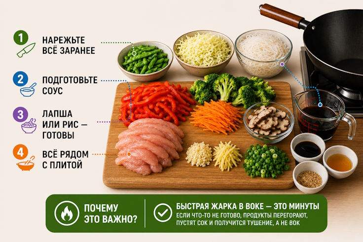 Подготовка продуктов для вока: всё нарезать заранее Подготовленные продукты для вока: нарезанная курица, овощи, лапша, соус, чеснок, имбирь и зелёный лук перед жаркой