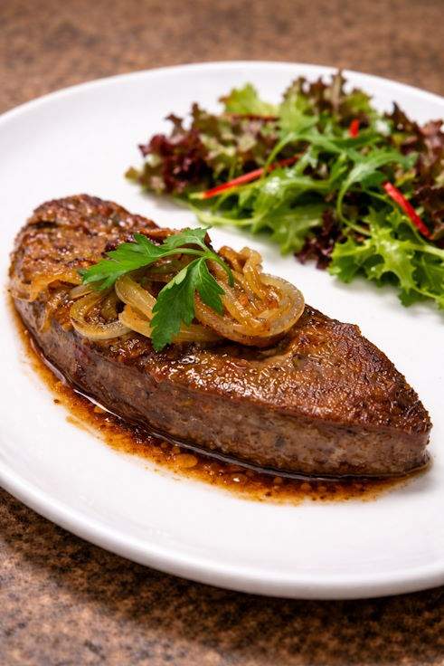 Телячья печень по-лионски - обжаренная печень с карамелизованным луком и петрушкой