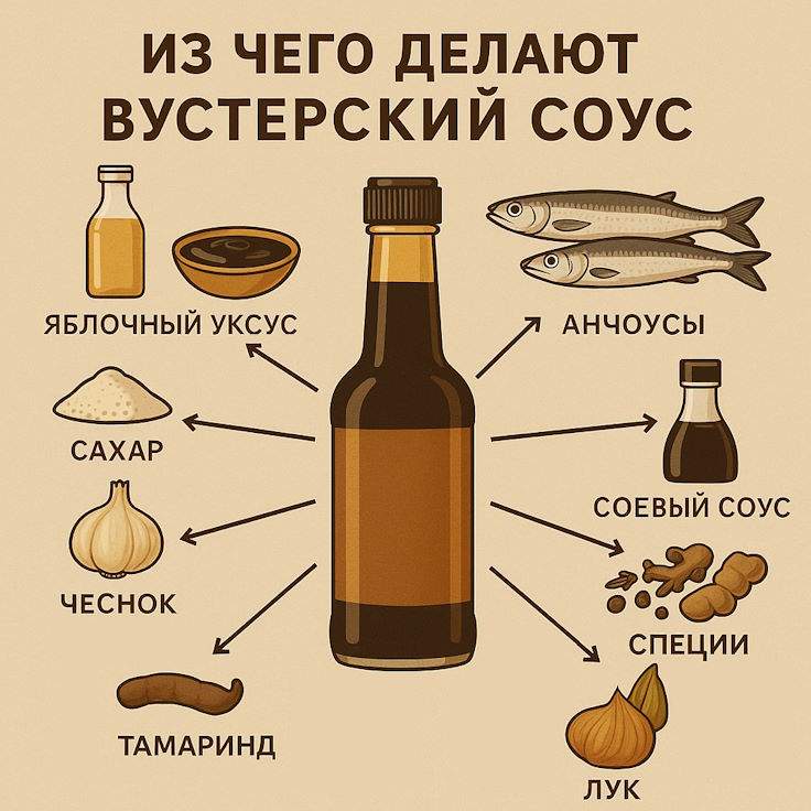 Состав вустерского соуса: уксус, патока, анчоусы, пряности