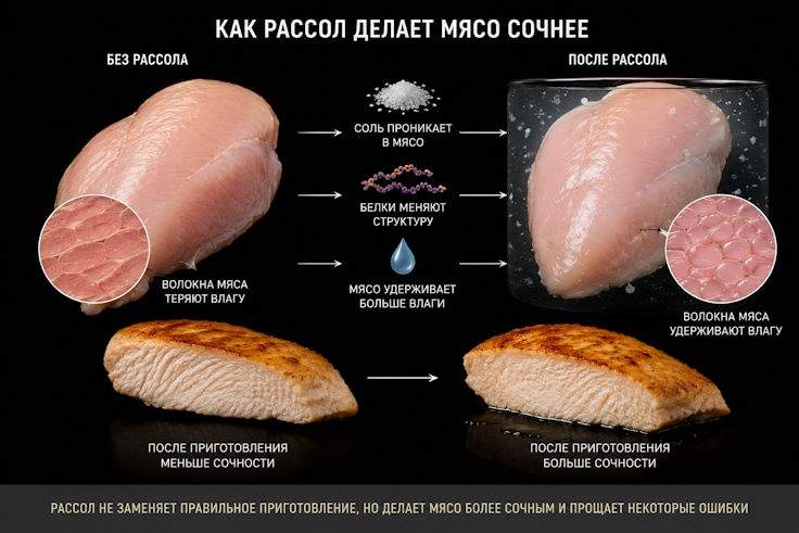 Как рассол делает мясо сочнее Схема: как рассол делает куриное филе сочнее - соль проникает в мясо, белки меняют структуру, готовое мясо удерживает больше влаги