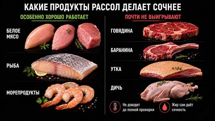 Какие продукты рассол делает сочнее Какие продукты рассол делает сочнее: белое мясо, рыба и морепродукты выигрывают от рассола, а говядина, баранина, утка и дичь почти не выигрывают