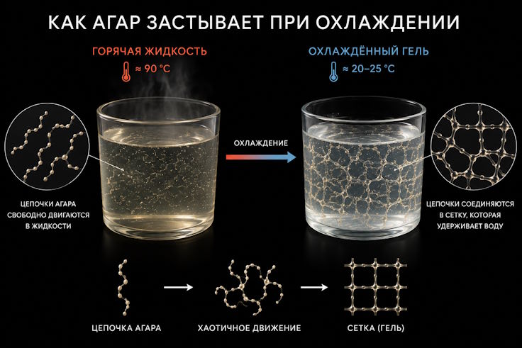 Как застывает агар-агар при охлаждении Как застывает агар-агар при охлаждении — образование геля