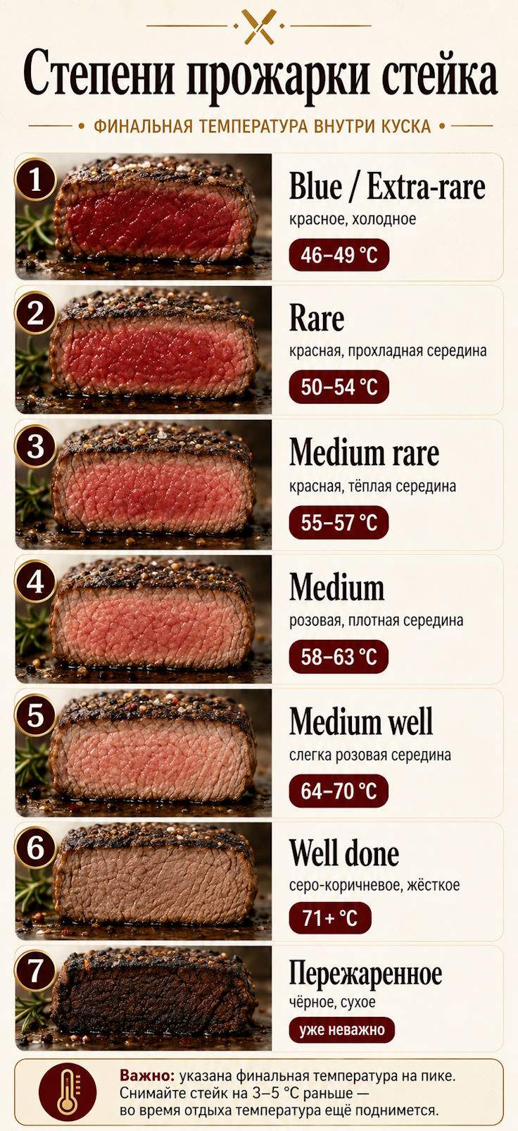 Инфографика - как определить степень прожарки мяса Таблица степеней прожарки стейков
