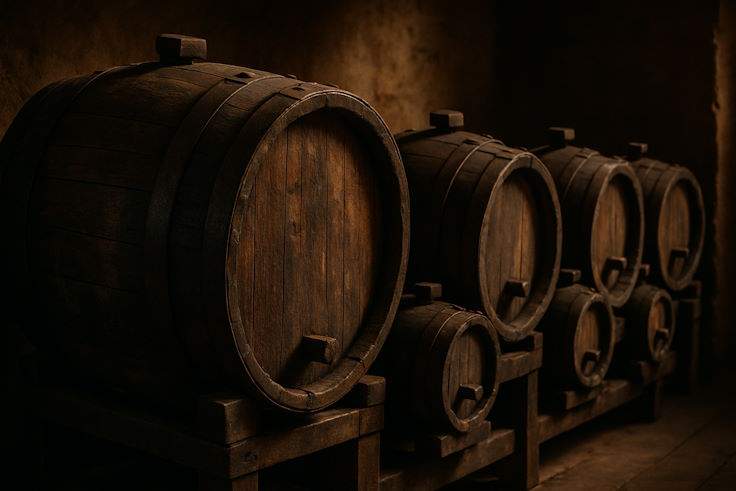 Деревянные бочки для выдержки бальзамического уксуса в итальянском погребе