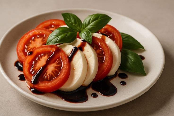 Салат Капрезе с помидорами, моцареллой и каплями бальзамического уксуса