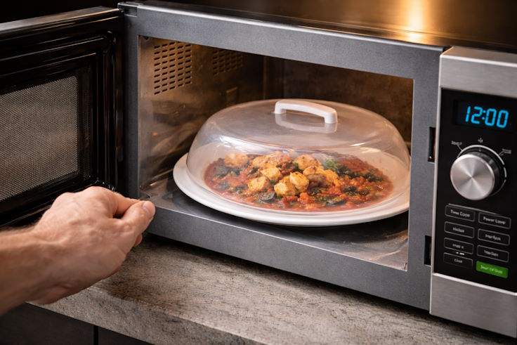 Как правильно разогревать и готовить в микроволновке Разогрев еды в микроволновке под крышкой - тарелка с блюдом