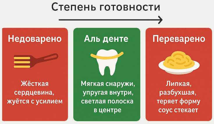 Степень готовности пасты: недоварено, аль денте, переварено