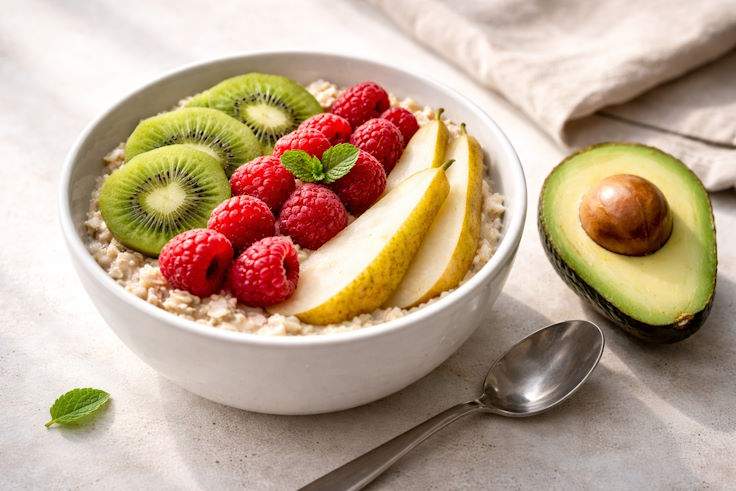 Как добрать 25–30 г клетчатки в день: завтрак с фруктами Завтрак с высокой клетчаткой: овсянка или йогурт с киви, малиной, грушей и авокадо