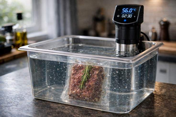 Приготовление говядины методом су-вид в водяной бане Приготовление говядины методом су-вид в прозрачном контейнере с водой и погружным термостатом