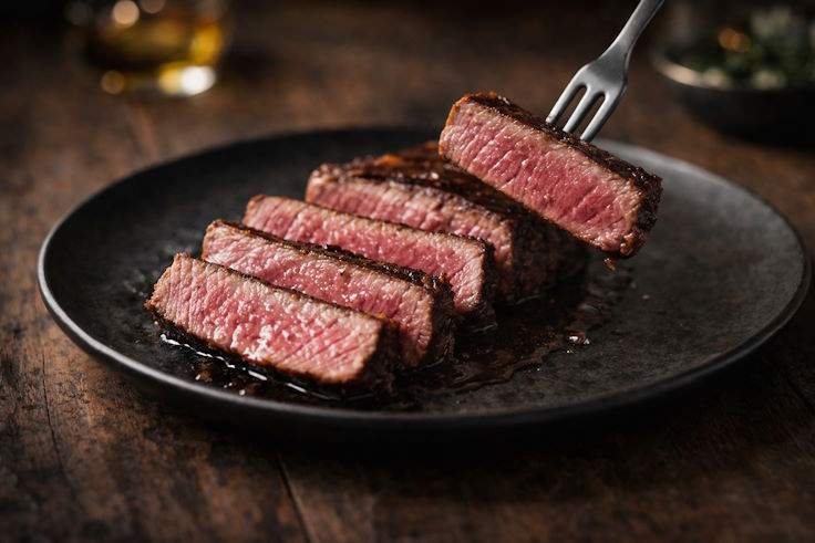 Нарезанный стейк из говядины, приготовленный методом су-вид, с равномерной розовой серединой и сочной текстурой