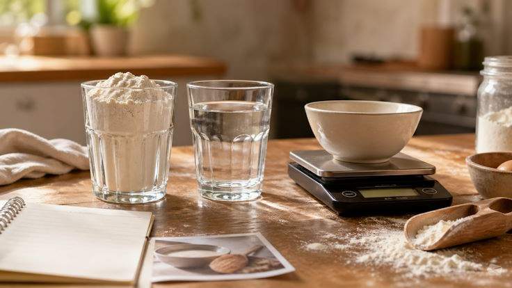Гранёный стакан с мукой, стакан воды и кухонные весы рядом с открытым рецептом на кухонном столе