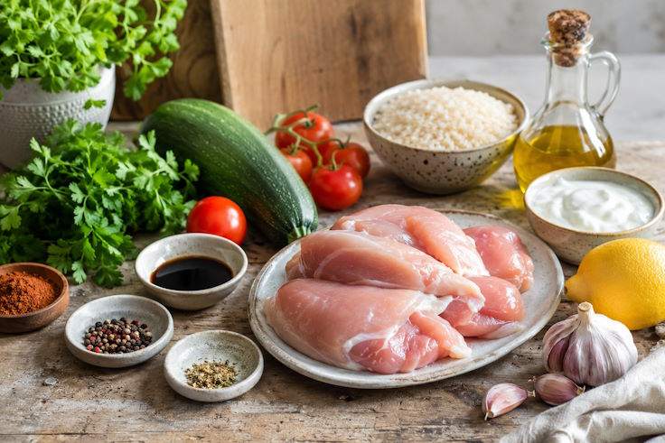 Кухонная матрица: как собрать ужин из того, что есть Продукты для ужина по кухонной матрице: курица, рис, кабачок, помидоры, зелень, лимон, чеснок и соусы