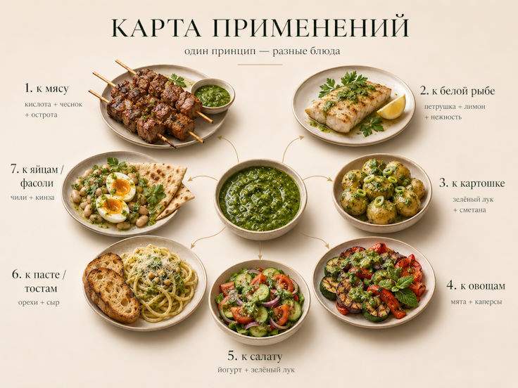 Карта применений зелёного соуса Карта применений зелёного соуса к мясу, белой рыбе, картошке, овощам, салату, пасте и яйцам