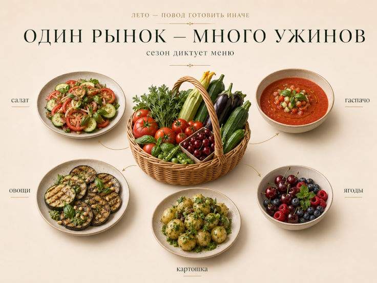 Один рынок - много ужинов Один рынок - много ужинов: летние продукты превращаются в салат, гаспачо, овощи, картошку и ягоды